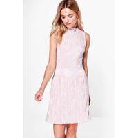 High Neck Pleated Skater Dress - coral