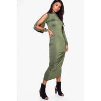 high neck split slemaxi dress khaki