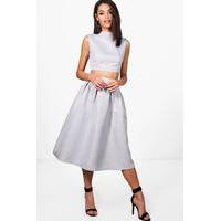 high neck crop midi skater skirt co ord silver