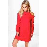 High Neck Ruffle A Line Shift Dress - red