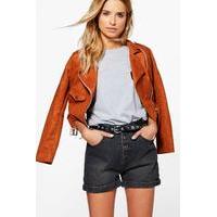 High Rise Button-Fly Mom Denim Shorts - charcoal