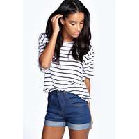 High Waisted Turn Up Denim Shorts - blue