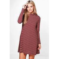 high neck stripe rib swing dress berry