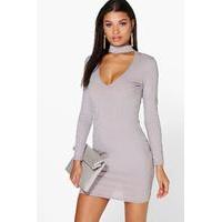 High Neck Plunge Ribbed Bodycon Dress - grey