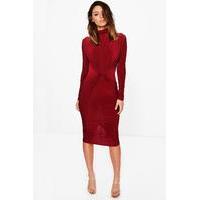 High Neck Ruched Slinky Midi Dress - berry