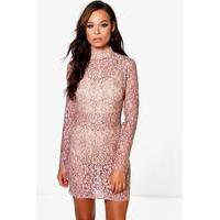 high neck all over lace bodycon dress blush