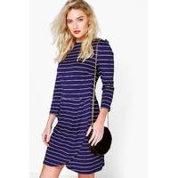 High Neck Stripe Wrap Skirt Midi Dress - navy