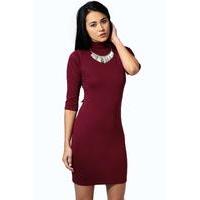 High Neck 3/4 Sleeve Bodycon Dress - berry