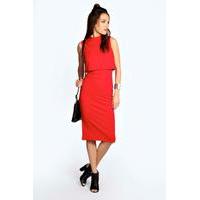 high neck double layer midi dress red