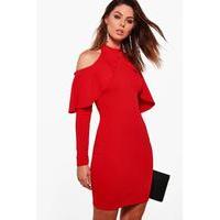 high neck frill open shoulder bodycon dress red