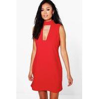 High Neck Cut Out Sleeveless Shirt Dress - red