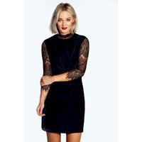 high neck lace and velvet bodycon dress navy