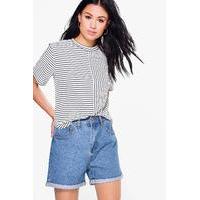 high rise mom denim shorts mid blue