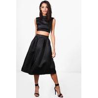 high neck crop midi skater skirt co ord black