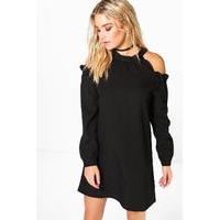 High Neck Ruffle A Line Shift Dress - black