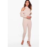 high neck ruffle cold shoulder jumpsuit stone