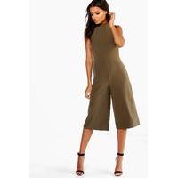 high neck woven culotte jumpsuit khaki