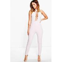 High Neck Lace Up Front Skinny Leg Jumpsuit - grey
