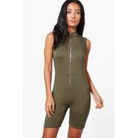 high neck o ring zip unitard khaki