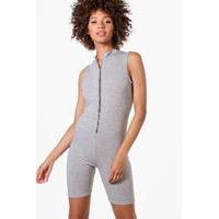 High Neck Zip Up Skinny Playsuit - grey