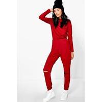 High Neck Slit Knee Jumpsuit - wine