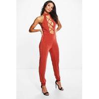 High Neck Cross Detail Jumpsuit - copper