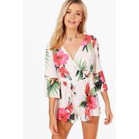 Hibiscus Print Wrap Front Playsuit - ivory