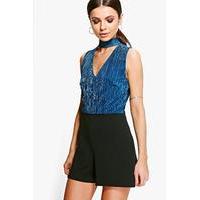 High Neck Crinkle Top Playsuit - teal