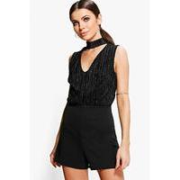 High Neck Crinkle Top Playsuit - black