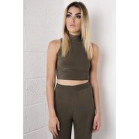 high neck crop top in khaki