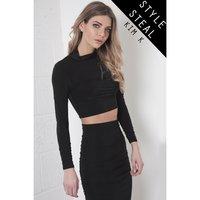 high neck crop top with ruched sleeves in black