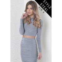 high neck crop top with ruched sleeves in grey