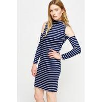 High Neck Striped Cold Shoulder Navy Dress