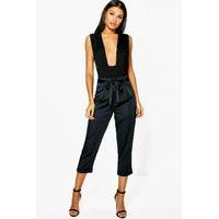 High Waist Belted Cropped Trousers - black