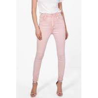 high rise distressed hem skinny jeans dusky pink