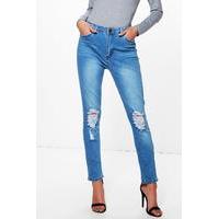 High Waist Distressed Skinny Jeans - mid blue