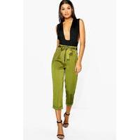 High Waist Belted Cropped Trousers - khaki
