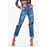 High Waist Distressed Mom Jeans - mid blue