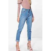 high waist slogan hem mom jeans mid blue