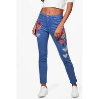 high rise heavy embroidered skinny jeans dark blue