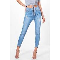 High Rise Ripped Destroyed Hem Skinny Jeans - blue