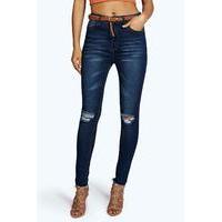 High Waisted Distressed Knee Skinny Jeans - dark blue