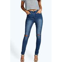 High Waisted Split Knee Skinny Jeans - mid blue