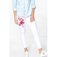 high waist embroidered skinny jeans white