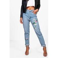 high waist embroidered leg mom jeans blue