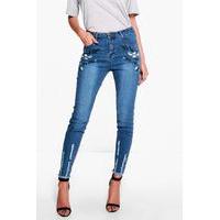 High Rise Embroidered Fray Hem Skinny Jeans - mid blue