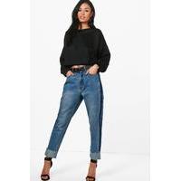 High Waist Deep Cuff Mom Jeans - mid blue