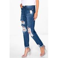 High Waist Distress Boyfriend Jeans - denim-blue