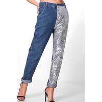 High Rise Sequin Leg Boyfriend Jeans - mid blue