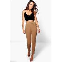 High Waist Crepe Skinny Stretch Trousers - camel